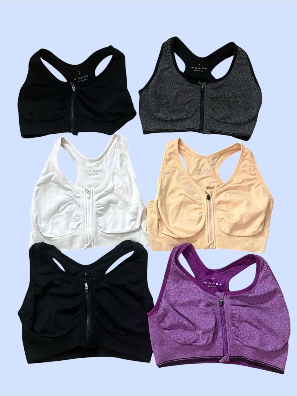 6 Women's Zip Front Wireless Sports Bras/Post Surgery Comfort Bra Bundle Size L